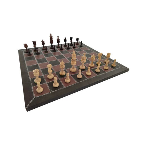 Italian Mahogany Chess Set with Weighted Pieces and Genuine Leather Board