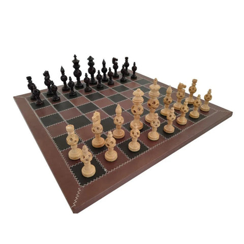 Hand-Carved Ebony Style Chess Set with Real Leather Board, Made in Italy