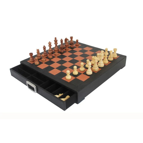 Handmade Wooden Chess Set, Leather Board with Drawer, Weighted, Italy