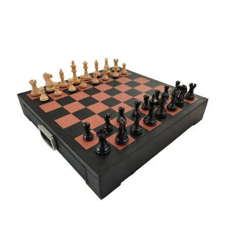 Italian Handmade Luxury Leather Chess Set, Wooden Weighted Pieces with Drawer