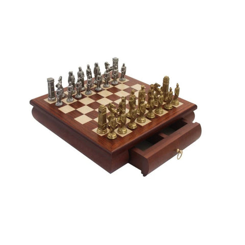 Romans vs Barbarians Metal Chess Set, Mahogany Board with Drawer, Handmade