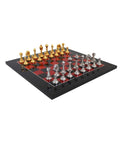 Italian Handmade Metal Chess Set, Gold and Silver Pieces, Red Black Wood Board