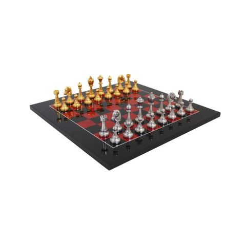 Italian Handmade Metal Chess Set, Gold and Silver Pieces, Red Black Wood Board