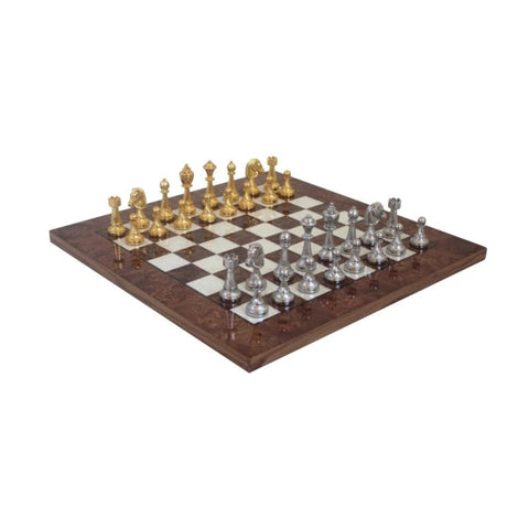 Handmade Metal Chess Set, Gold and Silver Pieces, Wood Board, Made in Italy