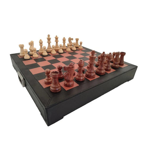 Handmade Weighted Acacia Chess Set, Real Leather Board and Drawer, Italian