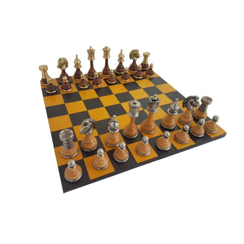 Luxury Brass and Wood Chess Set with Leather Board, Handmade Italy 34x34cm