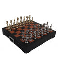 Italian Metal Chess Set, Handmade Leather Board with Drawer, Gold and Silver