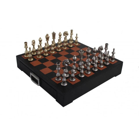 Italian Metal Chess Set, Handmade Leather Board with Drawer, Gold and Silver