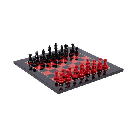 Handmade Wooden Chess Set, Red Black Board, Weighted Pieces, Made in Italy