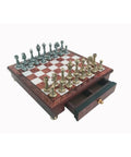 Handmade Metal Chess Set with Wooden Board and Drawer, Gold Silver, Italy 32x32cm