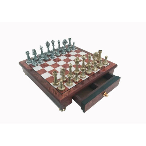 Handmade Metal Chess Set with Wooden Board and Drawer, Gold Silver, Italy 32x32cm