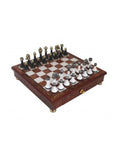 Handmade Metal and Wood Chess Set with Storage Drawer, 32cm Board, Made in Italy