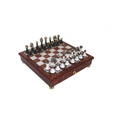 Handmade Metal and Wood Chess Set with Storage Drawer, 32cm Board, Made in Italy