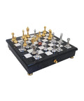 Handmade Metal Chess Set Gold and Silver with Wooden Board and Drawer, Italy