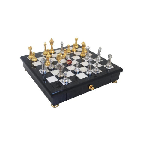 Handmade Metal Chess Set Gold and Silver with Wooden Board and Drawer, Italy