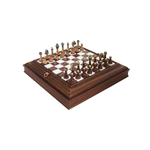 Handmade Metal and Wood Chess Set, Marble Wood Board with Storage, Made in Italy