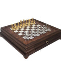 Handmade Metal Chess Set, Elm Wood Board with Drawer, Gold Silver, Made in Italy