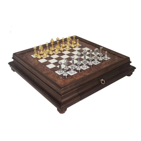 Handmade Metal Chess Set, Elm Wood Board with Drawer, Gold Silver, Made in Italy