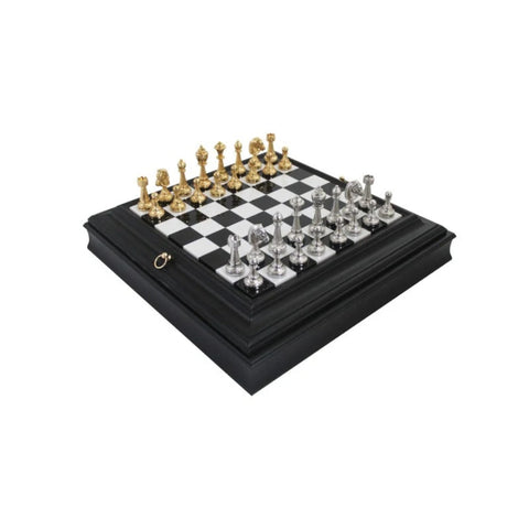 Italian Handmade Brass Chess Set, Marble Wood Board with Storage