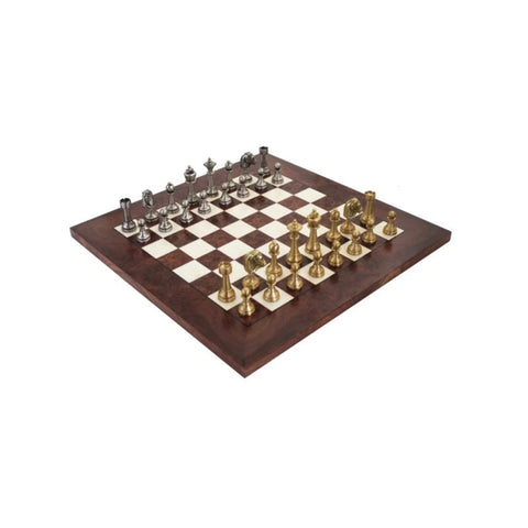 Handmade Brass Chess Set with Walnut Board, Gold and Silver Pieces, Italy, 42x42cm