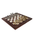 Handmade Brass Chess Set with Glossy Elm Wood Board, Gold and Silver, Italian