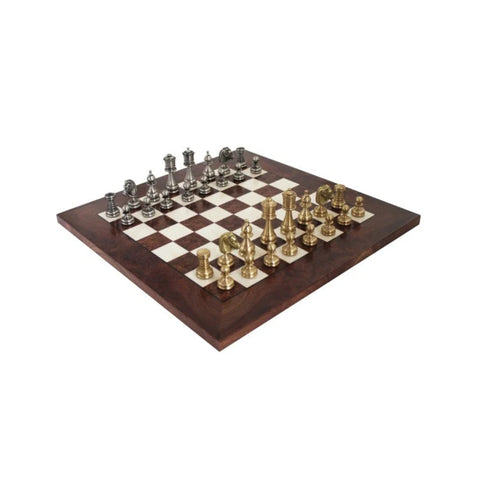 Handmade Brass Chess Set with Glossy Elm Wood Board, Gold and Silver, Italian