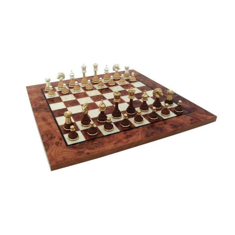 Handmade Brass and Wood Chess Set with Elm Board 42cm, Classic, Made in Italy