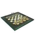 Handmade Brass Chess Set, Gold and Silver Pieces, Maple 45cm Green Board, Italy