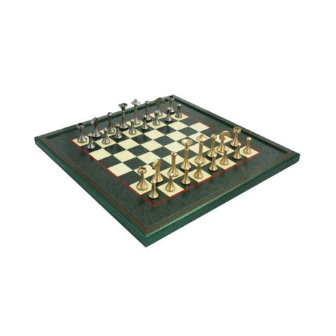 Handmade Brass Chess Set, Gold and Silver Pieces, Maple 45cm Green Board, Italy