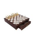 Gold and Silver Plated Brass Chess Set, Elm Wood Board with Drawer, Italy