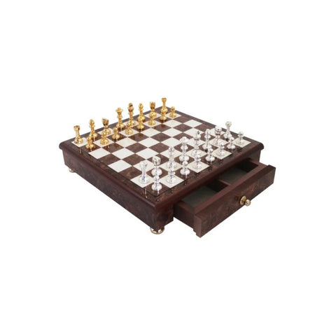 Gold and Silver Plated Brass Chess Set, Elm Wood Board with Drawer, Italy