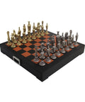 Renaissance Metal Chess Set, Gold and Silver Pieces, Leather Board, Drawer