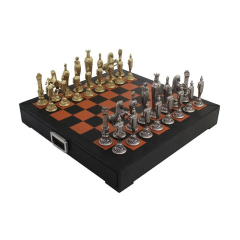 Renaissance Metal Chess Set, Gold and Silver Pieces, Leather Board, Drawer