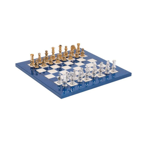 Handmade Brass Chess Set Gold and Silver, Lacquered Wood Board, Italian