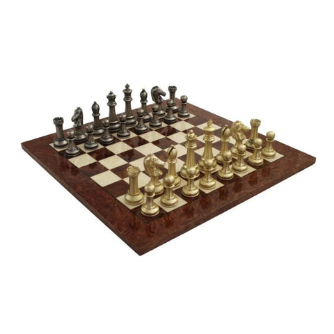 Handmade Metal Chess Set, Gold and Silver Pieces, Elm Wood Board 51cm, Italy