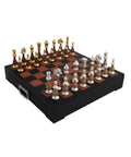 Handmade Brass and Wood Chess Set, Genuine Leather Board plus Drawer, Made in Italy