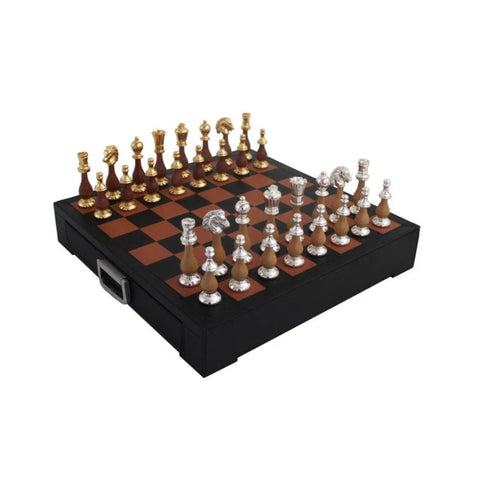 Handmade Brass and Wood Chess Set, Genuine Leather Board plus Drawer, Made in Italy