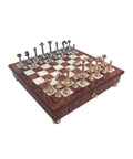 Italian Handmade Brass Chess Set, Gold and Silver Plated, Elm Board with Drawer