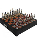 Renaissance Chess Set with Metal Pieces and Leather Board, Handmade Italy, Drawer