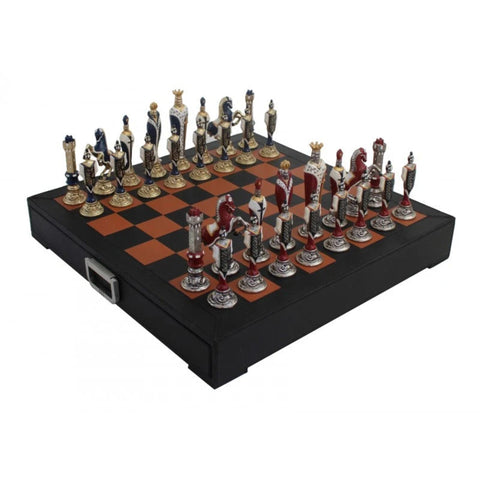 Renaissance Chess Set with Metal Pieces and Leather Board, Handmade Italy, Drawer