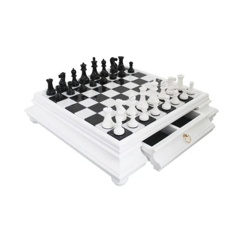 Italian Handmade Wooden Chess Set, Marble Board and Drawer, Weighted Pieces