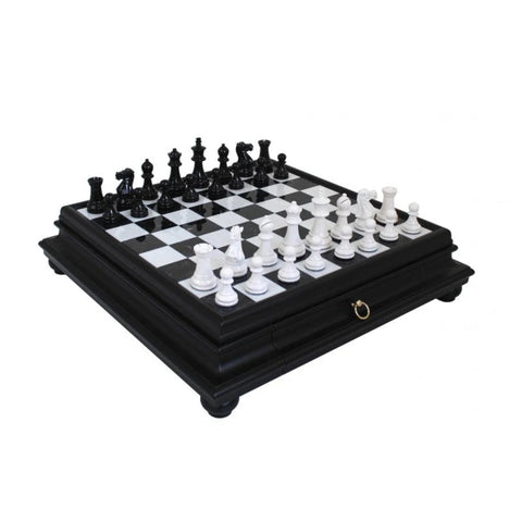 Italian Handmade Wooden Chess Set with Marble Board and Drawer, Weighted Pieces