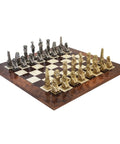 Egyptian Metal Chess Set with Elm Wood Board, Gold and Silver, Handmade in Italy