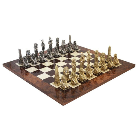 Egyptian Metal Chess Set with Elm Wood Board, Gold and Silver, Handmade in Italy