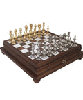 Italian Handmade Metal Chess Set, Gold and Silver, Marble Wood Board with Drawer
