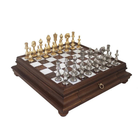 Italian Handmade Metal Chess Set, Gold and Silver, Marble Wood Board with Drawer