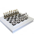 Handmade Luxury Chess Set, Metal and Wood Pieces, Marble Board with Drawer