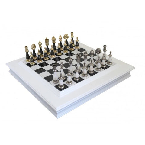 Handmade Luxury Chess Set, Metal and Wood Pieces, Marble Board with Drawer