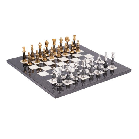 Handmade Brass and Wood Chess Set, Gold Silver Plated Pieces, 51cm Board, Italy