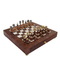 Handmade Brass and Wood Chess Set, Elm Board with Drawer, Made in Italy